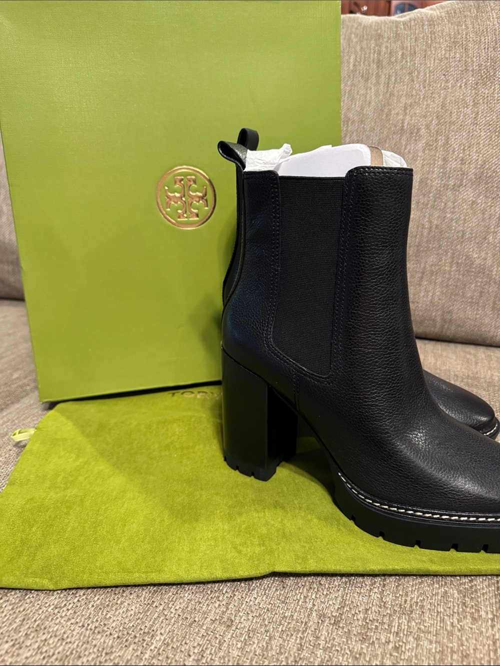 Tory Burch Black Leather Lug-Heel Chelsea Booties